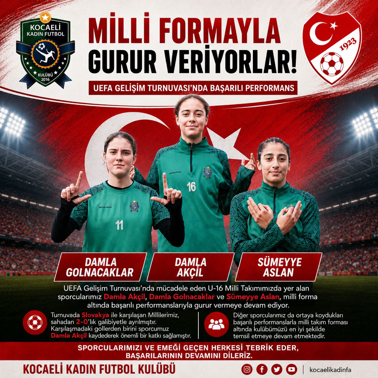 UEFA Gelişim Turnuvası’nda mücadele eden U-16 Milli Takımımızda yer alan sporcularımız Damla Akçil, Damla Golnacaklar ve Sümeyye Aslan, milli forma altında başarılı performanslarıyla gurur vermeye devam ediyor.