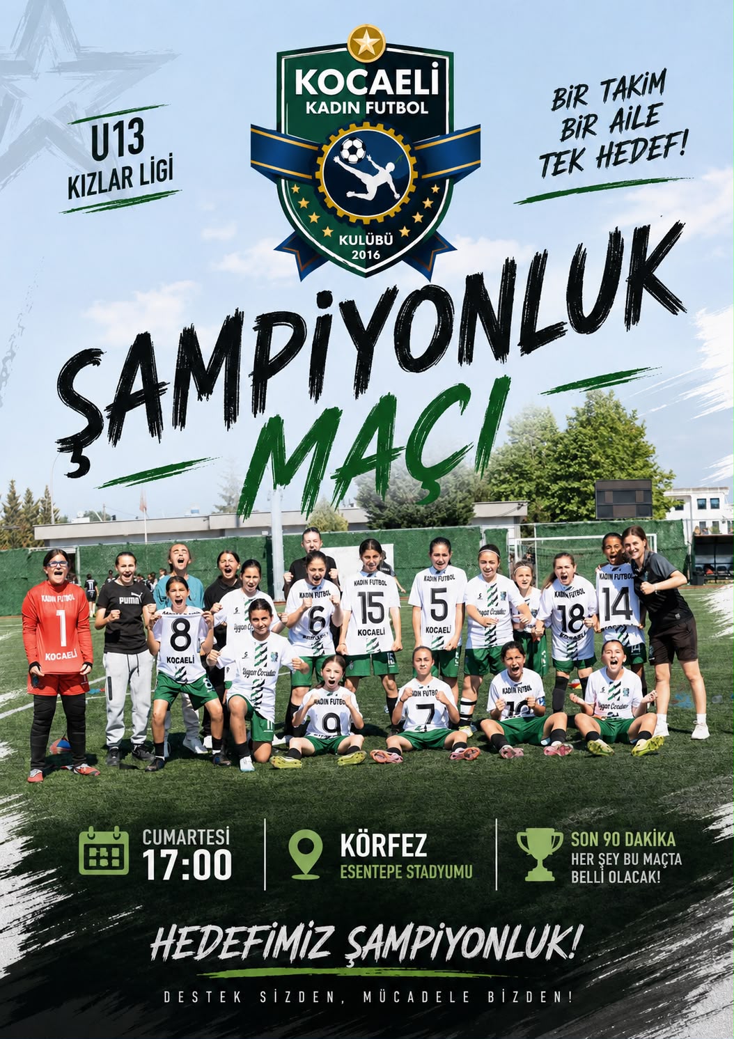 Sezon boyunca gösterdikleri azim, disiplin ve mücadele ile finale kadar gelen U13 takımımız, şampiyonluk maçına çıkıyor.